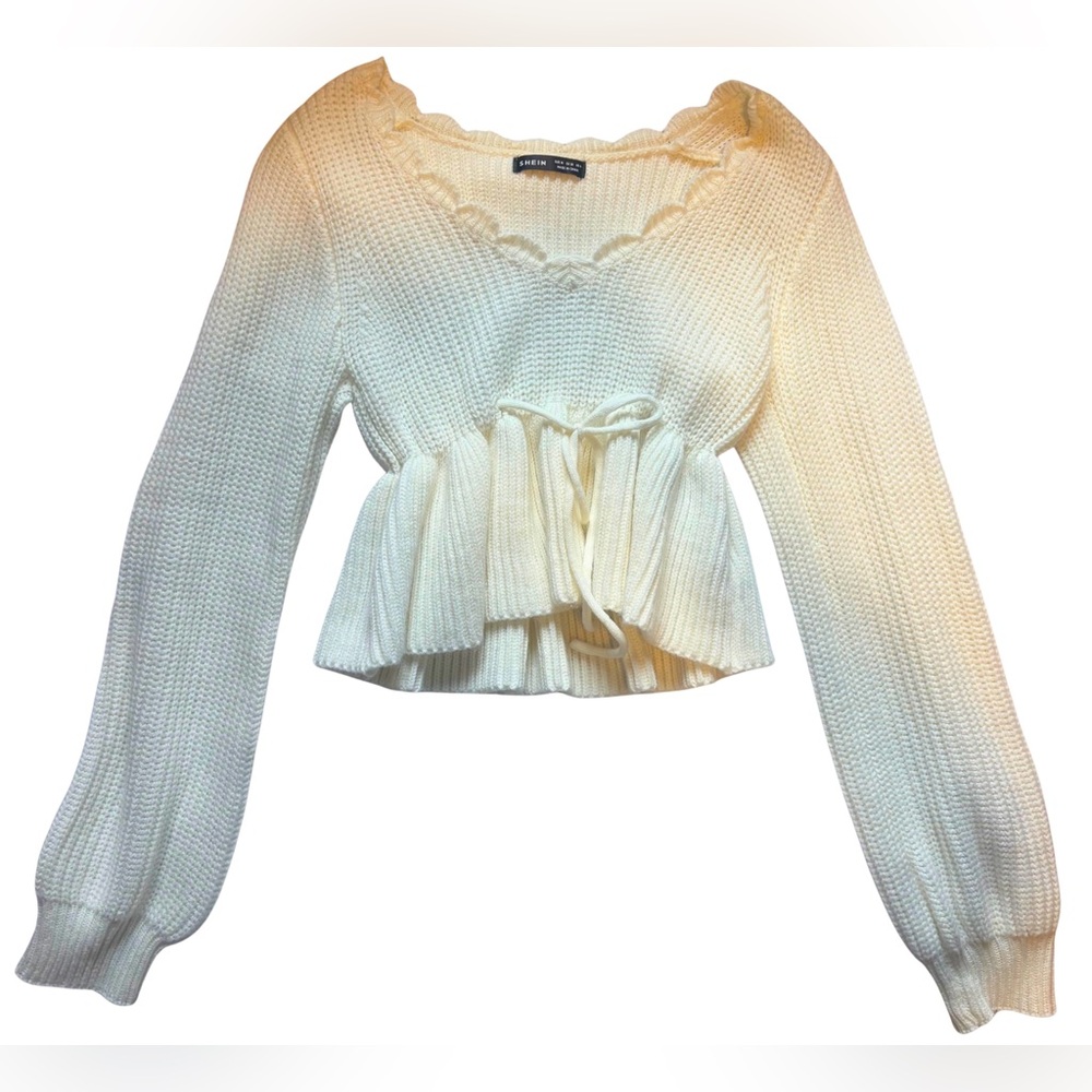 SHEIN Cream Knit Peplum Sweater | Tie Front | Long Sleeve